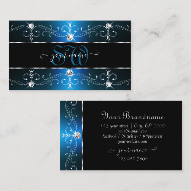 Eye Catching Black Teal Ornate Borders Monogram Business Card (Front/Back)