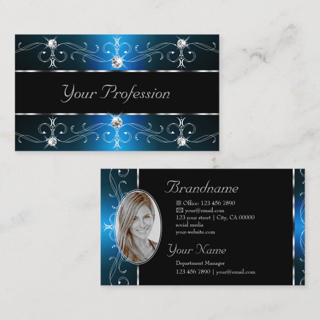 Eye Catching Black Teal Ornate Borders with Photo Business Card (Front/Back)