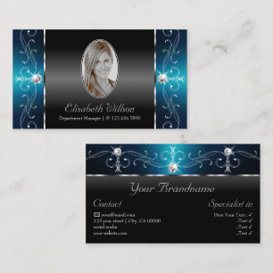 Eye Catching Black Teal Squiggled Jewels Add Photo Business Card