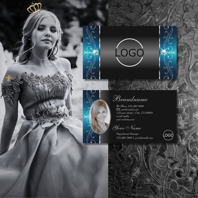 Eye Catching Black Teal Squiggled Jewels Logo Foto Business Card (Creator Uploaded)