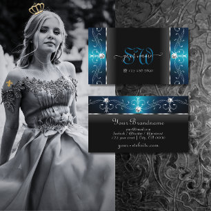 Eye Catching Black Teal Squiggled Jewels Monogram Business Card