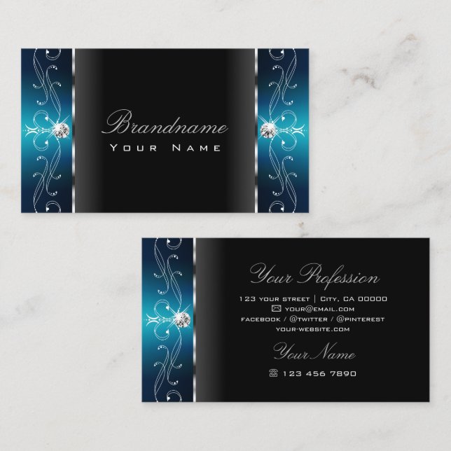 Eye Catching Black Teal Squiggled Jewels Ornaments Business Card (Front/Back)