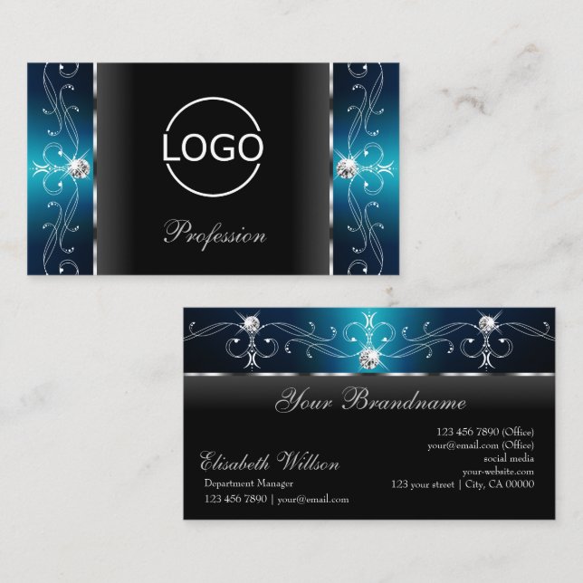 Eye Catching Black Teal Squiggled Jewels with Logo Business Card (Front/Back)