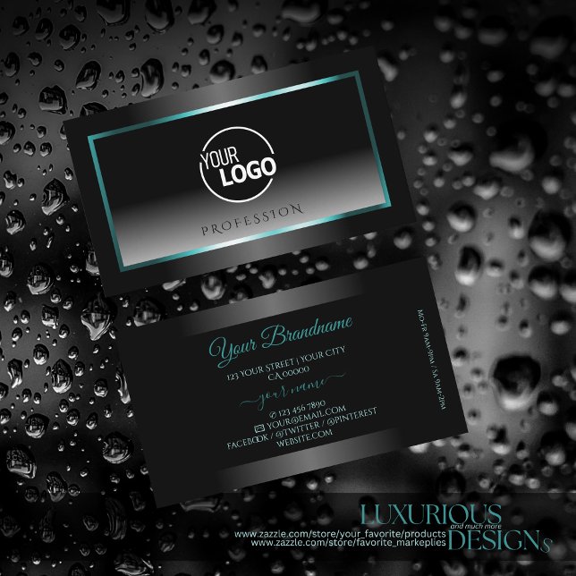 Eye Catching Black White Gradient Teal Frame Logo Business Card (Creator Uploaded)