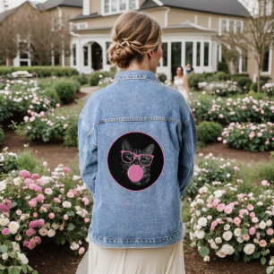 eye-catching cat pink glasses and chewing gum denim jacket