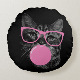 eye-catching cat pink glasses and chewing gum round cushion