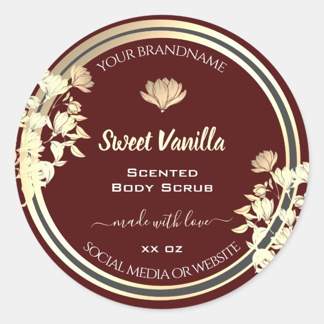 Eye Catching Floral Burgundy Gold Product Labels (Front)