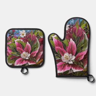Eye-catching floral oven mitt & pot holder set