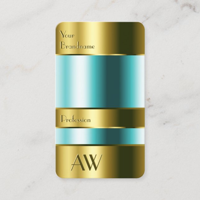 Eye Catching Gold and Glass Teal Fluids 3D Letters Business Card (Front)