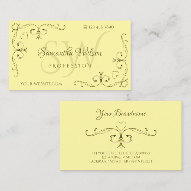 Eye Catching Gold Ornate Corners on Cream Initials Business Card (Front/Back)