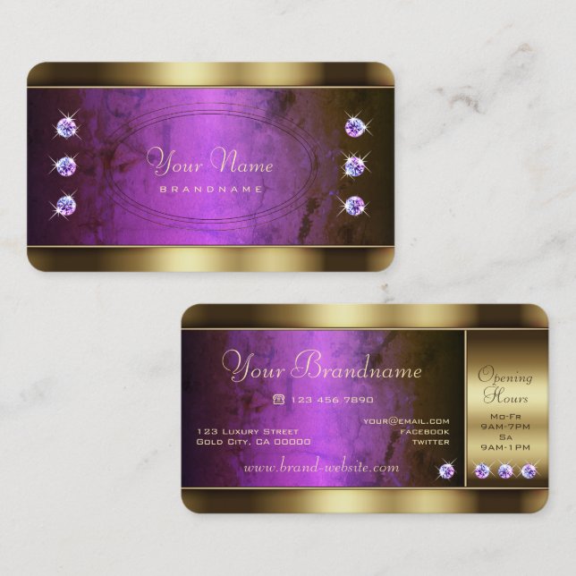Eye Catching Gold with Purple Marble and Diamonds Business Card (Front/Back)