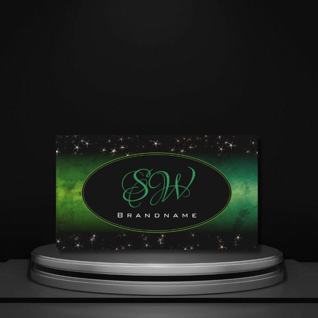 Eye Catching Green Black Glitter Stars Monogram Business Card (Creator Uploaded)