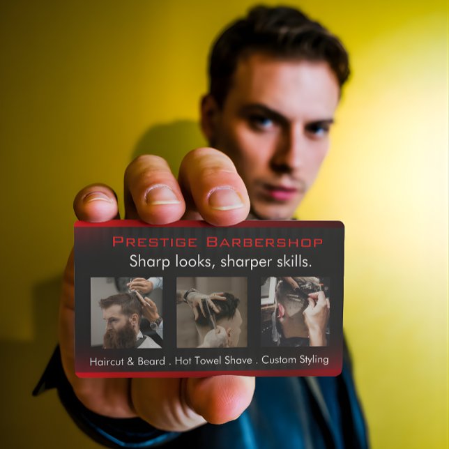 Eye-Catching Modern Barber in Red Black White Business Card (Creator Uploaded)