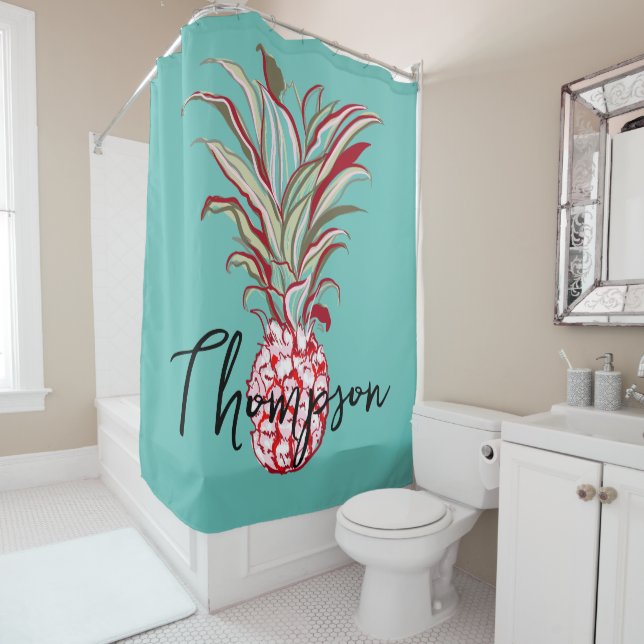 Eye-catching monogram script modern pineapple blue shower curtain (In Situ)