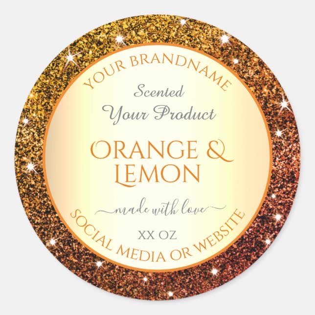 Eye Catching Orange Gold Glitter Product Labels (Front)