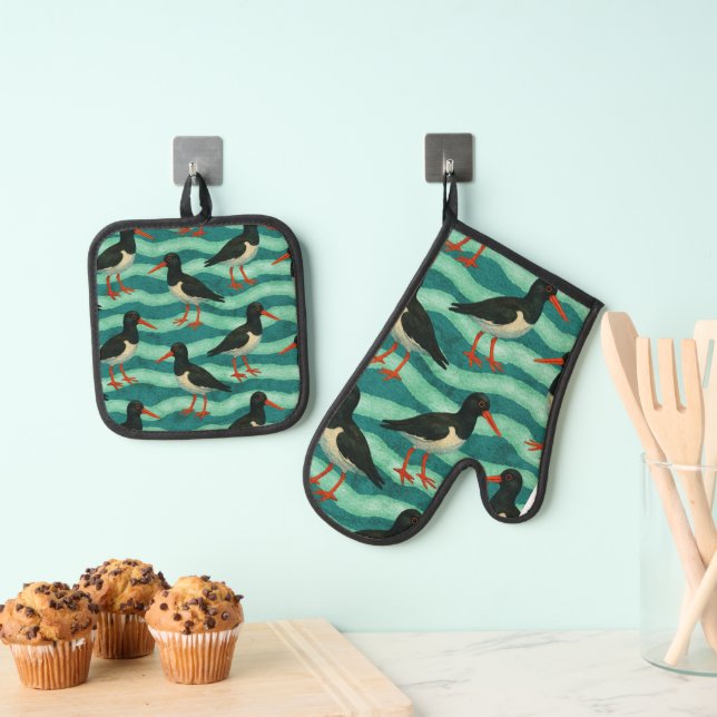 Eye Catching Oyster Catcher Oven Mitt & Pot Holder Set (Insitu(Hanging))