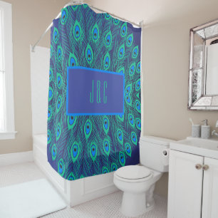 EYE-CATCHING PEACOCK FEATHERS IN TEAL BLUE TONES  SHOWER CURTAIN