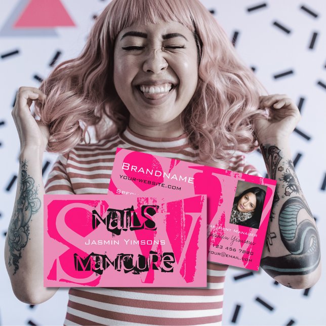 Eye Catching Pink Black with Photo Monogram Modern Business Card (Creator Uploaded)