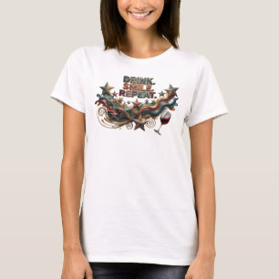 Eye-Catching Pink DRINK SMILE REPEAT 3D Text Art T-Shirt
