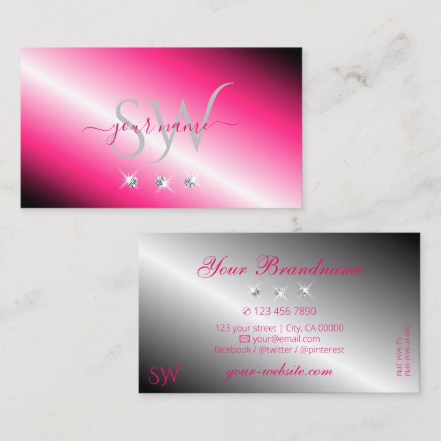 Eye Catching Pink Silver Sparkle Diamonds Initials Business Card (Front/Back)