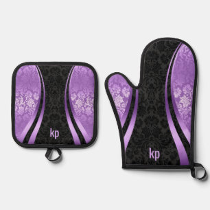 Eye-Catching  purp Black Damask Dynamic Lines Oven Oven Mitt & Pot Holder Set