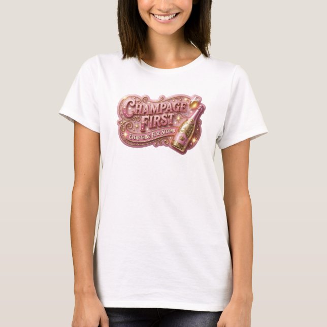 Eye-Catching Red CHAMPAGNE FIRST Statement Tee (Front)