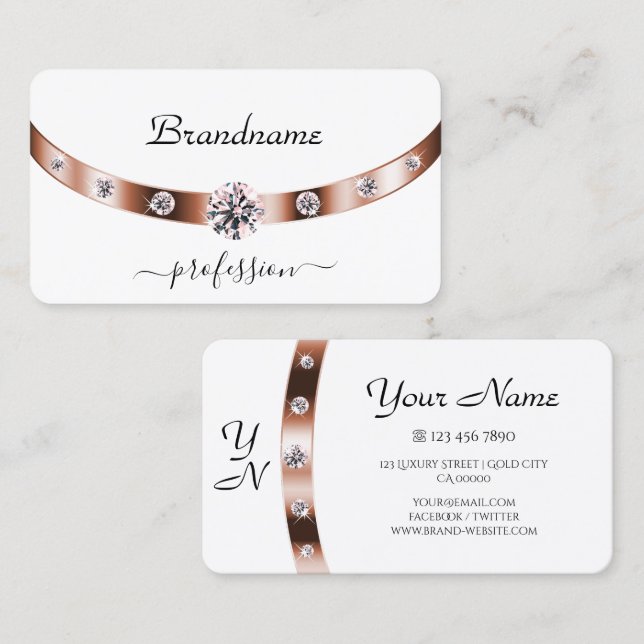 Eye Catching Rose Gold and White Monogram Diamonds Business Card (Front/Back)