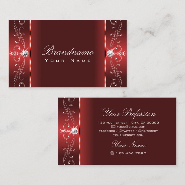 Eye Catching Rubby Red Squiggled Jewels Ornamental Business Card (Front/Back)