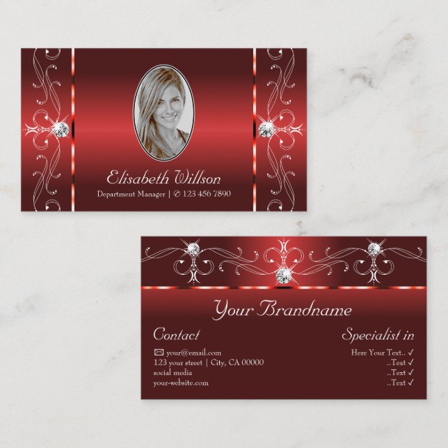 Eye Catching Rubby Red Squiggled Jewels with Photo Business Card (Front/Back)