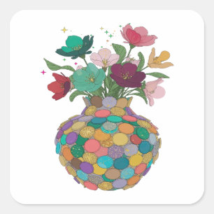 Eye-Catching Silver FLOWERS IN Vinyl Style Square Sticker
