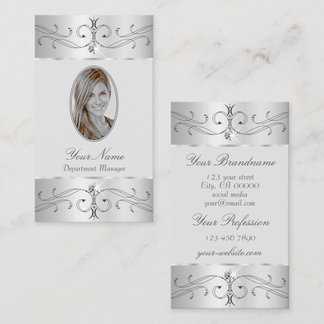 Eye Catching Silver Grey Ornate Ornaments Add Foto Business Card (Front/Back)