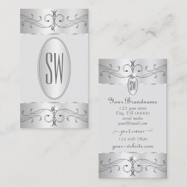 Eye Catching Silver Grey Ornate Ornaments Initials Business Card (Front/Back)