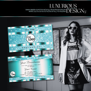 Eye Catching Teal Glitter Sparkle Stars and Logo Business Card