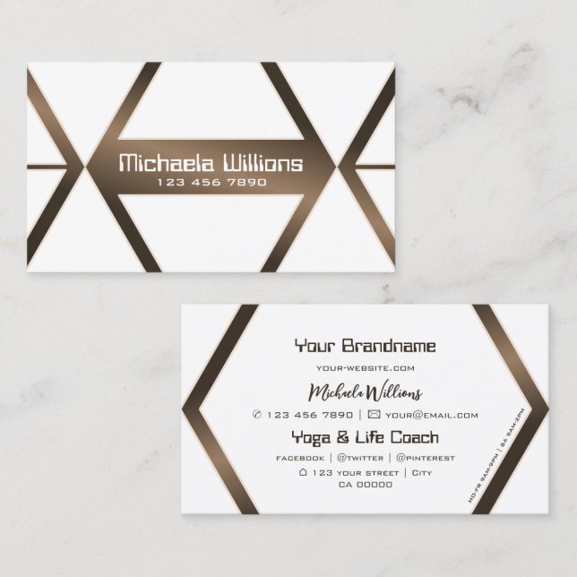 Eye Catching White Geometric Coffee Brown Shimmer Business Card (Front/Back)