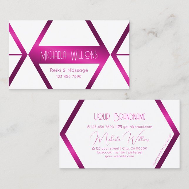 Eye Catching White Geometric Shimmery Pink Modern Business Card (Front/Back)