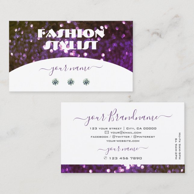 Eye Catching White Purple Sparkle Glitter Diamonds Business Card (Front/Back)