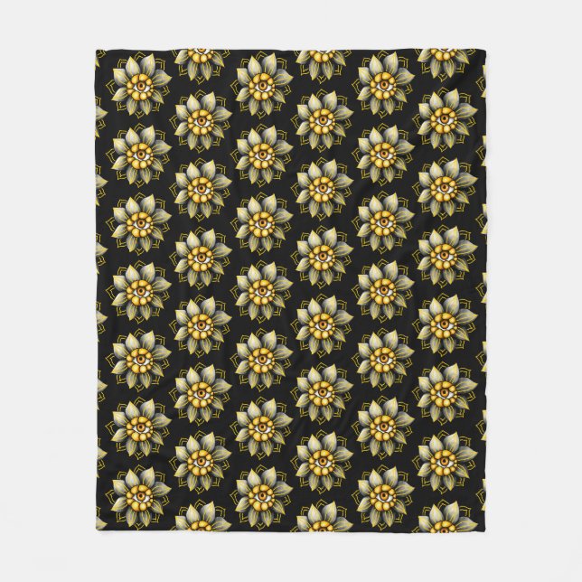 Eye Flower in Black and Yellow - Fun Halloween Fleece Blanket (Front)