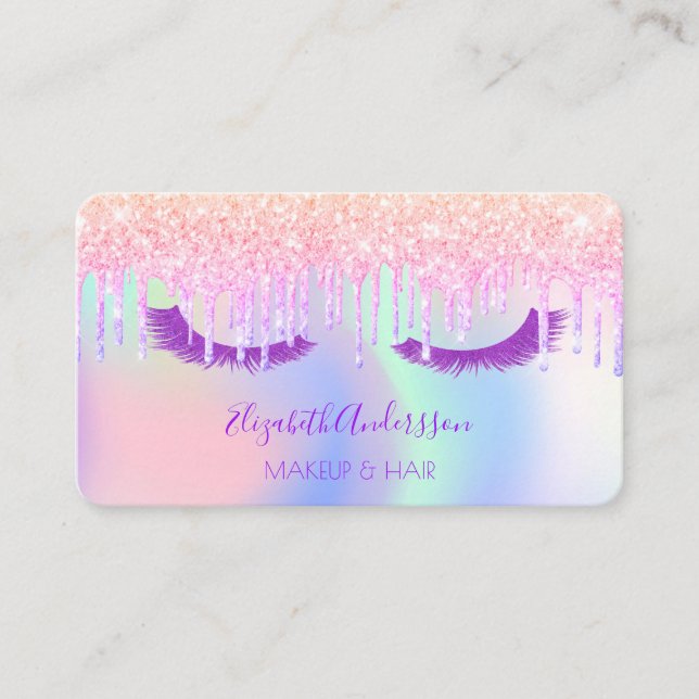 Eye lashes iridescent glitter drip pink makeup business card (Front)