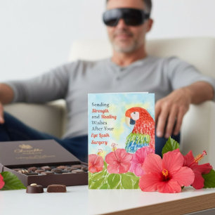 Eye Lasik Surgery Healing Scarlet Macaws, Hibiscus Card