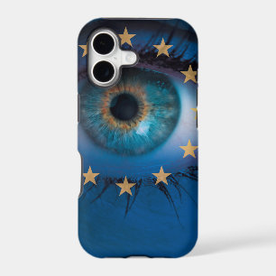 Eye looks through Europe flag background concept