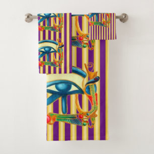 Eye of Horus Protection on gold and purple stripes Bath Towel Set