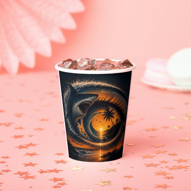 Eye of the Wave – Surreal Shark Sunset Paper Cups (Insitu)