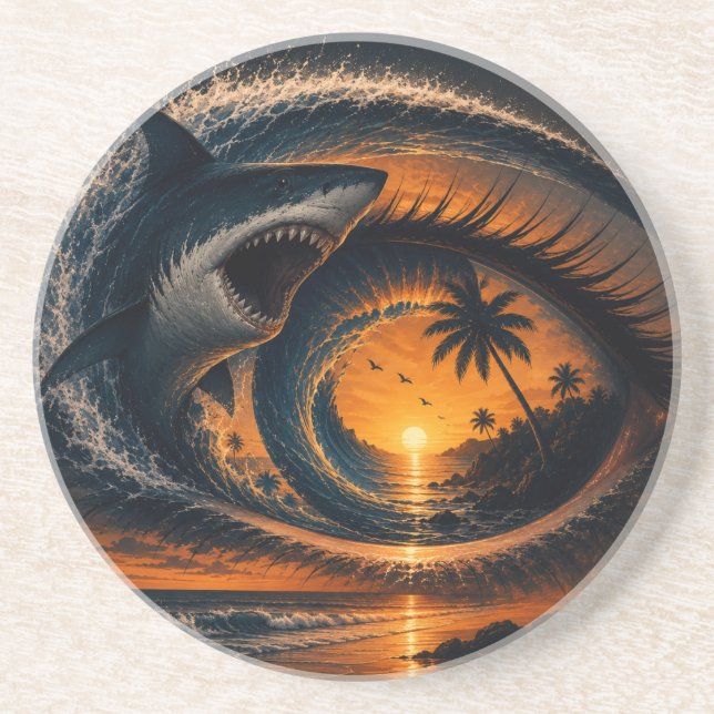 Eye of the Wave – Surreal Shark Sunset Throw Pillo Coaster (Front)