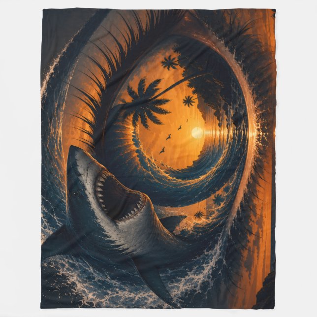 Eye of the Wave – Surreal Shark Sunset Throw Pillo Fleece Blanket (Front)