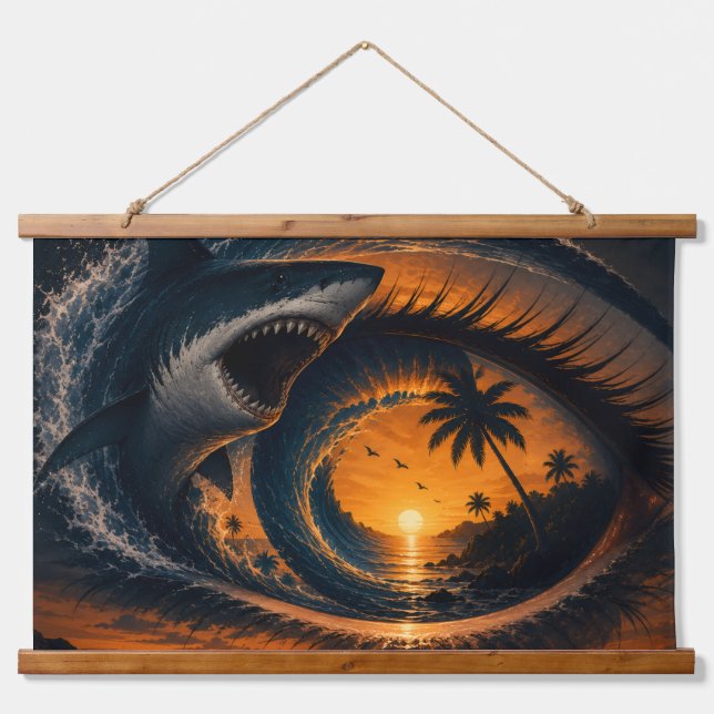 Eye of the Wave – Surreal Shark Sunset Throw Pillo Hanging Tapestry (Front)