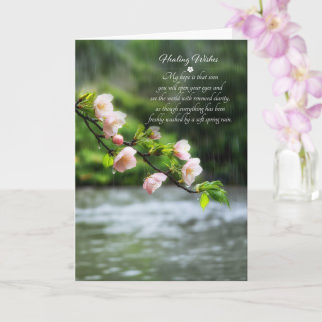 Eye Surgery Spring Rain and Blossoms Get Well Card (Orchid)