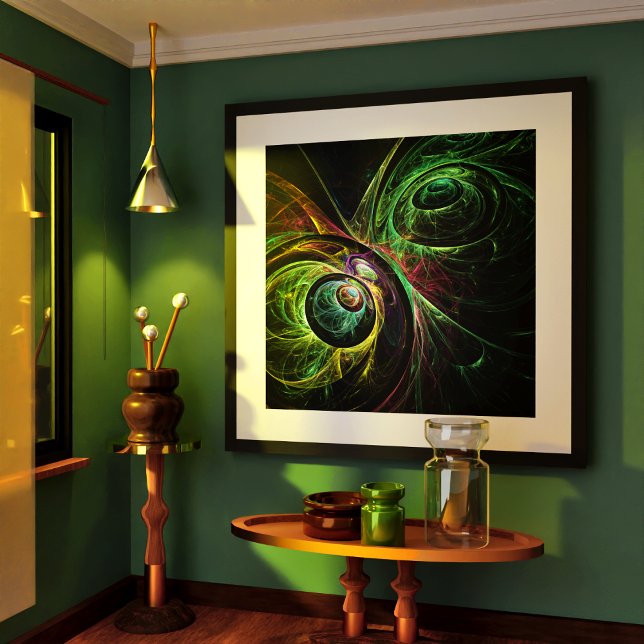 Eye to Eye Modern Fractal Green Gold Abstract Art  Poster (Eye to Eye Abstract Art Poster)
