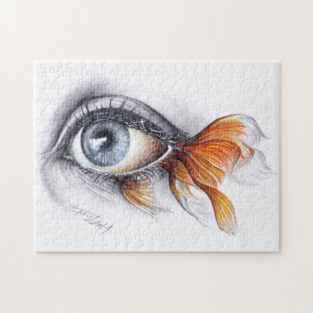 Eye with goldfish tail Surreal drawing art Jigsaw Puzzle (Horizontal)