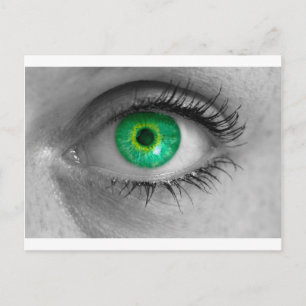 Eye with green iris looks at viewer concept macro postcard