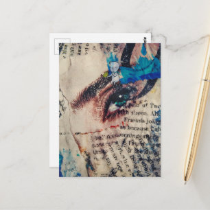 eyeball blue paint words abstract collage postcard